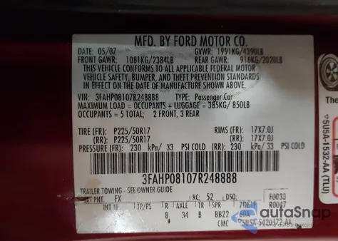 2007 Ford Fusion Sel z USA, uszkodzony, nr VIN 3FAHP08107R248888